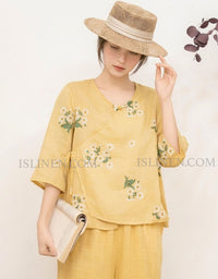 Vintage style yellow linen blouse for women lightweight summer wear