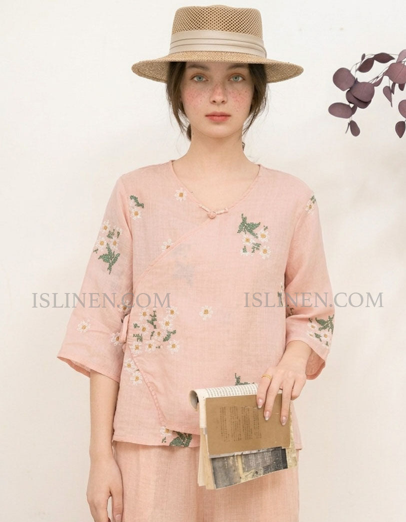 Vintage style pink linen blouse for women lightweight summer wear