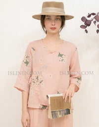 Vintage style pink linen blouse for women lightweight summer wear