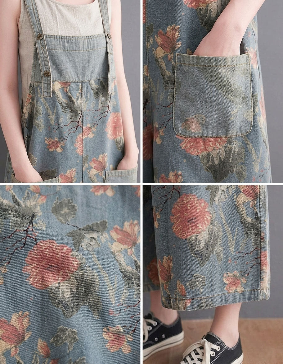 Vintage Floral Overalls Women Wide Leg Jumpsuit