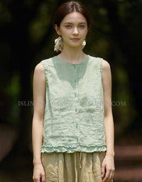 Women Linen Sleeveless Top Button Front Ruffle Hem