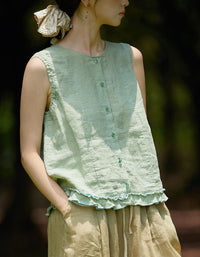 Green Linen Tank Top Women Casual Button Front Style