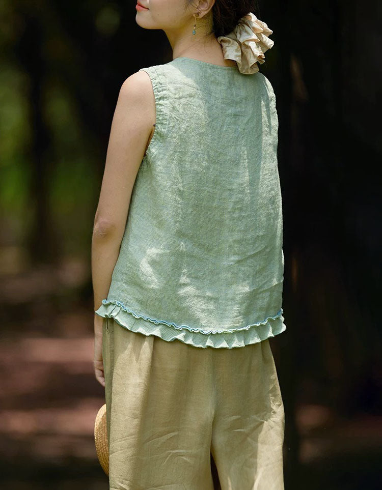 Sleeveless Linen Blouse Women Ruffle Hem Casual Top