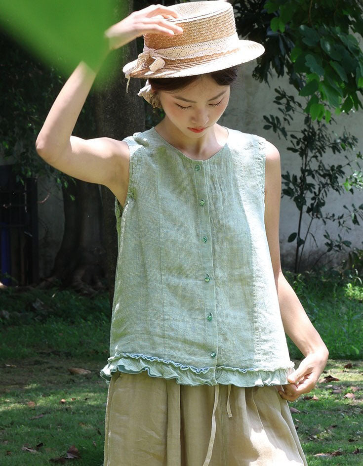 Women Summer Linen Tank Top Button Front Casual Fit