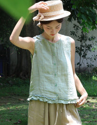 Women Summer Linen Tank Top Button Front Casual Fit