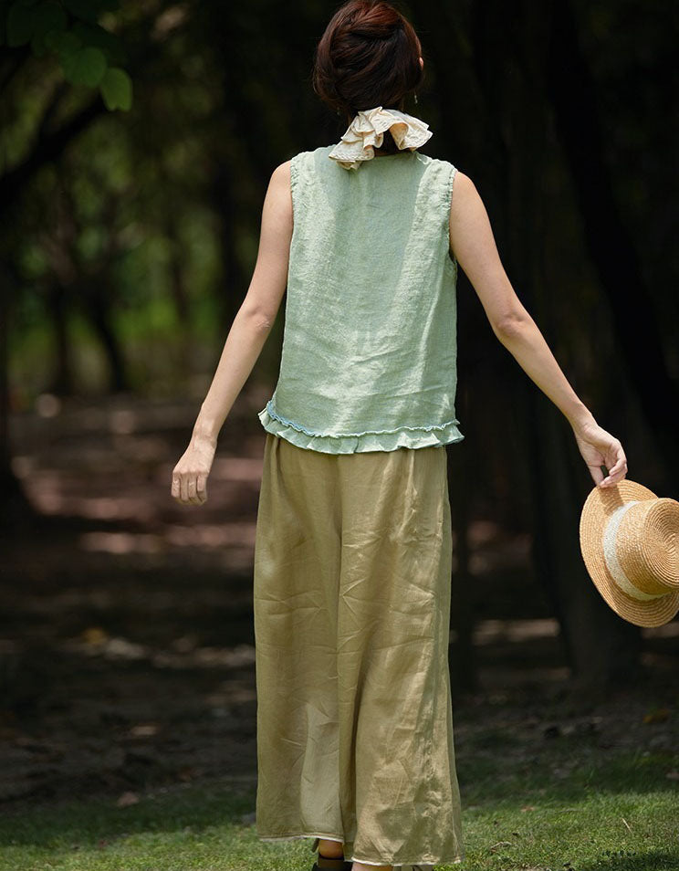 Casual Linen Sleeveless Top Women Ruffle Hem Design