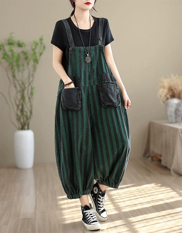 Green Striped Overalls – Baggy Cropped Jumpsuit