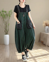 Green Striped Overalls – Baggy Cropped Jumpsuit