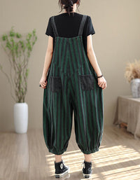 Back view of loose striped bib overalls styled with black t‑shirt