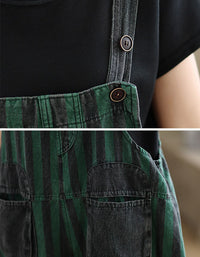 Close up of black patch pockets on women’s green striped dungarees