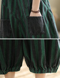 Close-up view of cropped wide leg striped overalls with elastic hem
