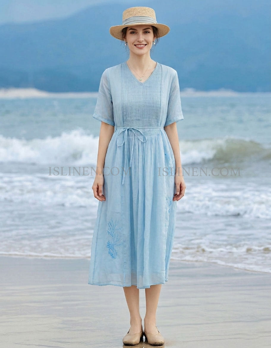 Women Light Blue Linen Beach Midi Dress Summer