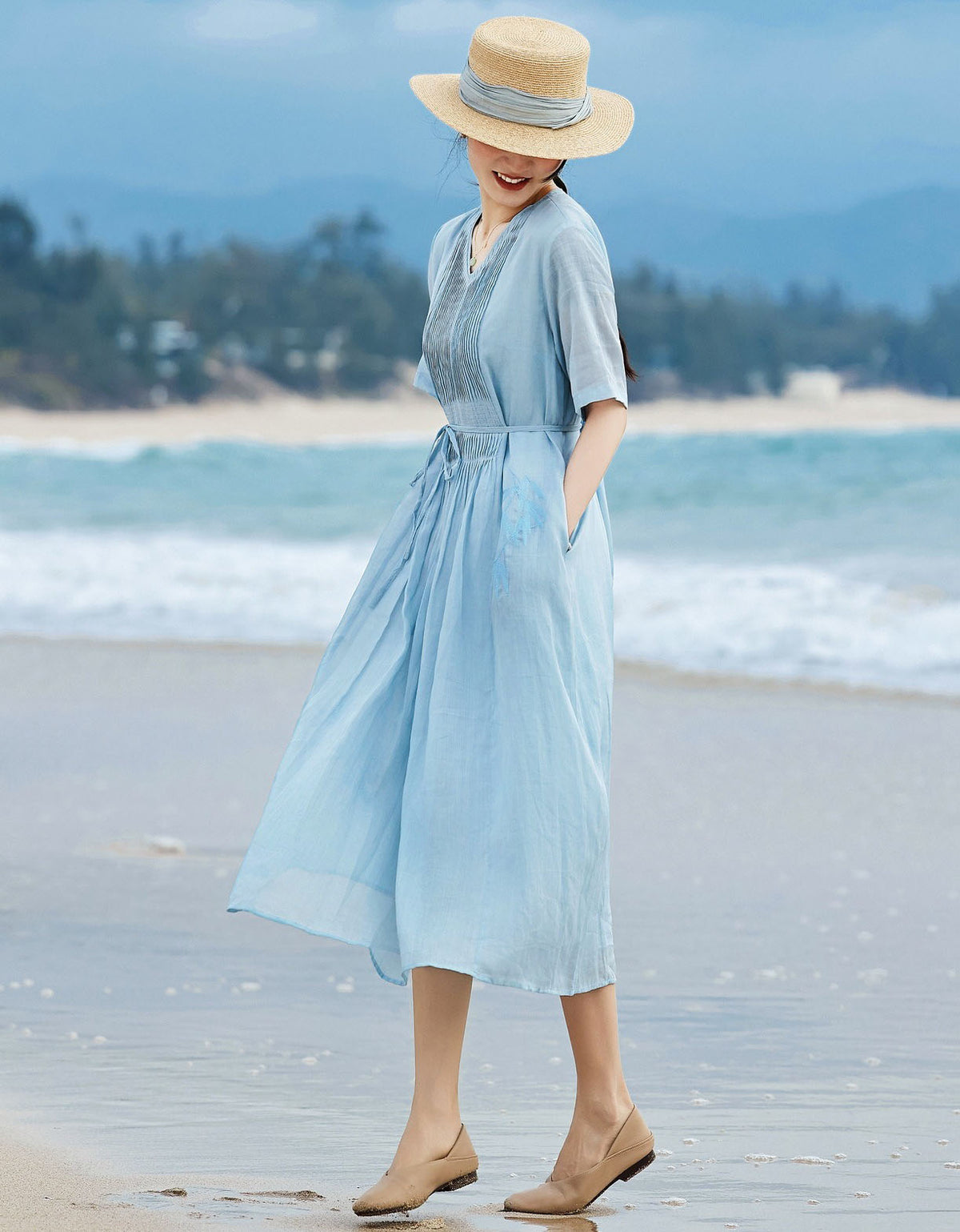 Casual Light Blue Cotton Linen Summer Midi Dress