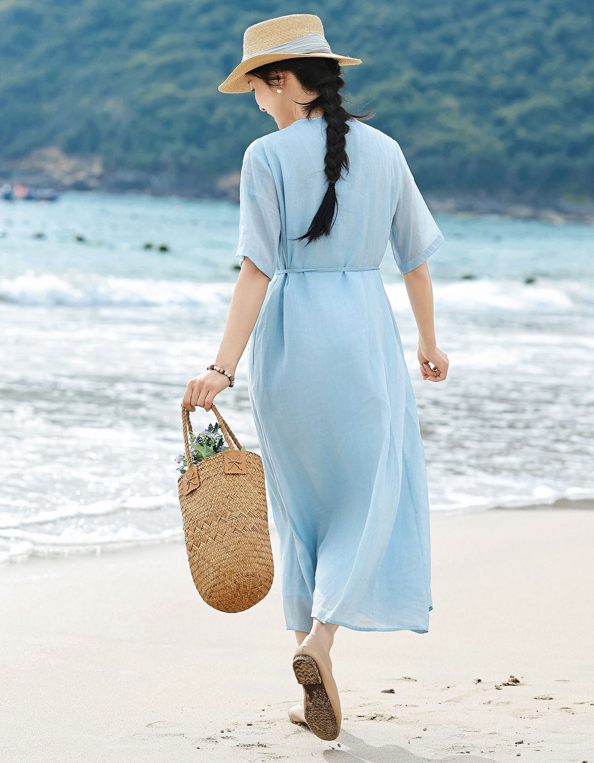 Women’s Loose Fit Blue Beach Dress with Tie Waist