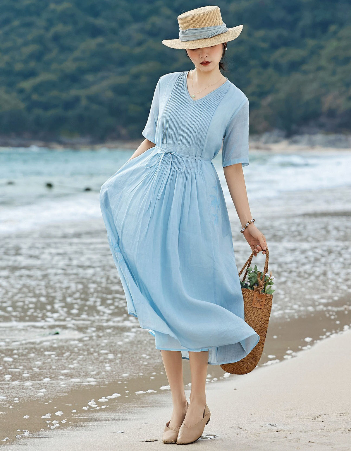 Summer Light Blue Midi Dress Casual Beach Style