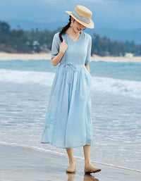 Soft Linen Blue Dress Women Loose Summer Outfit