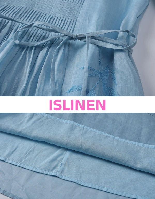 Casual loose fit blue cotton linen dress with tie waist