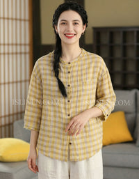 Yellow Checkered Cotton Shirt for Women – Casual Button-Up