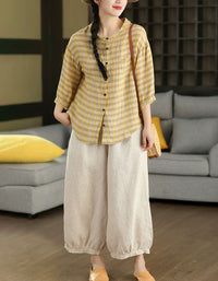 Women Casual Lightweight Checkered Button-Up Linen Shirt