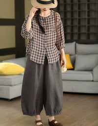 Women’s Loose Black Plaid Shirt – Summer Cotton Blouse