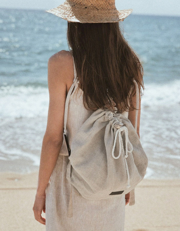 Women Linen Drawstring Shoulder Bag Beach Tote