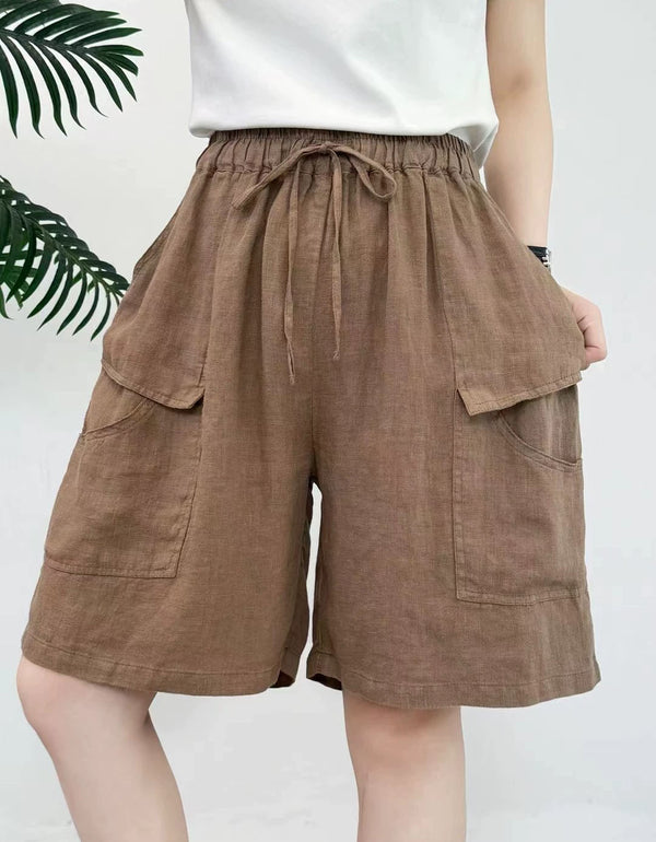 Women Casual Linen Bermuda Shorts with Large Pockets