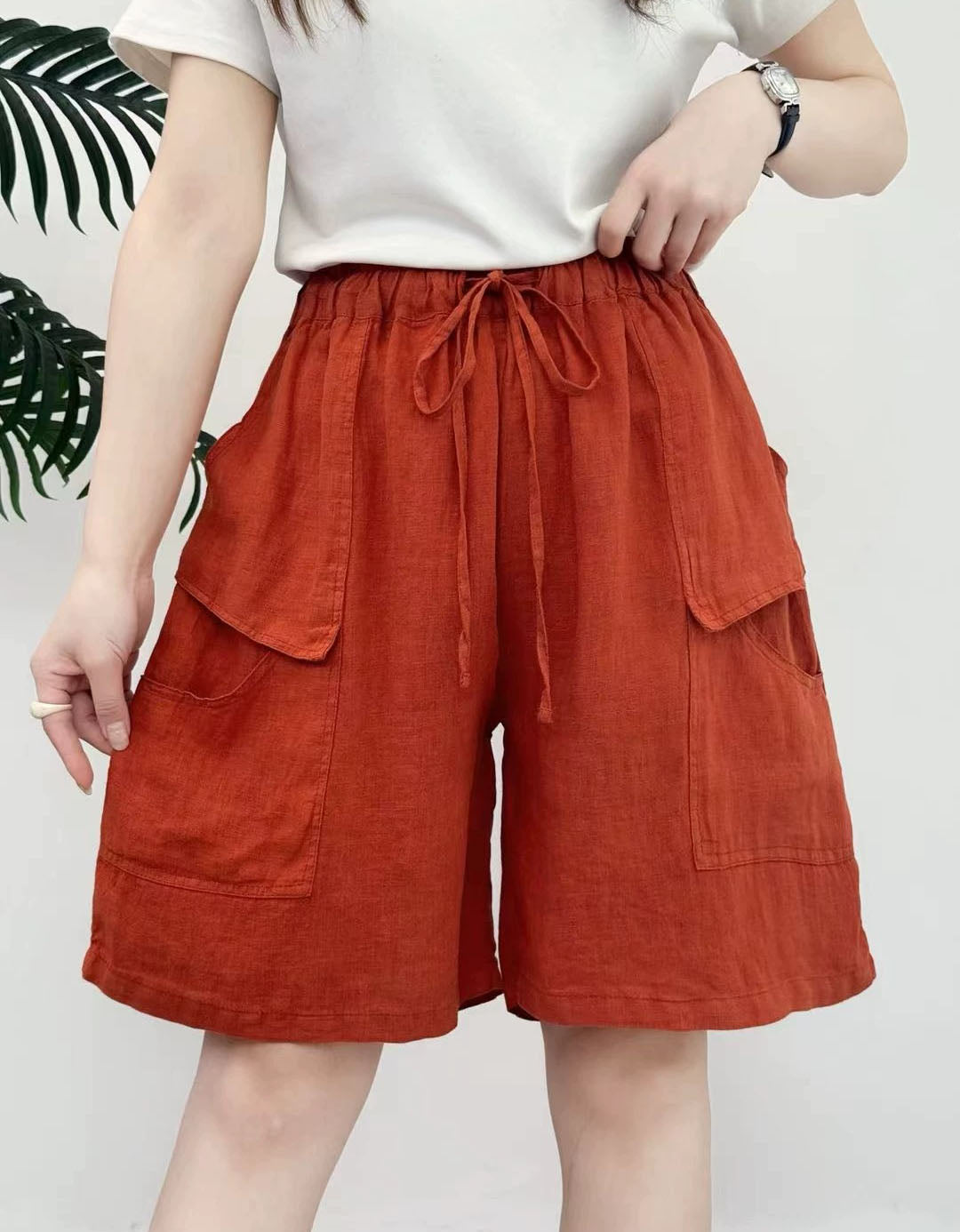 Women Summer Linen Blend Drawstring Cargo Shorts