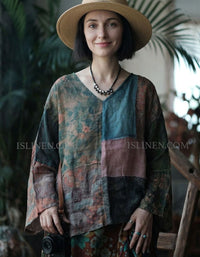 Women Linen Patchwork Blouse Vintage Floral Loose Fit
