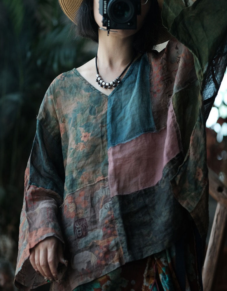 Vintage Linen Patchwork Top Women Floral Loose Casual