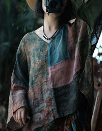 Vintage Linen Patchwork Top Women Floral Loose Casual