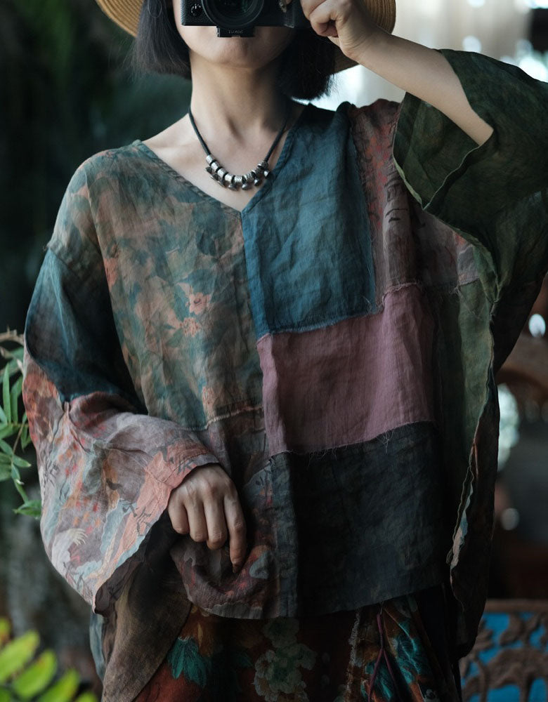 Boho Linen Patchwork Top Women Vintage Loose Fit Blouse