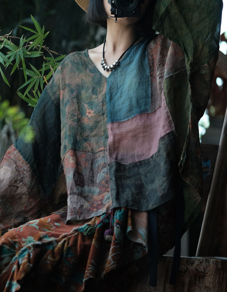 Women linen patchwork blouse featuring floral print loose fit design