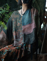 Women linen patchwork blouse featuring floral print loose fit design