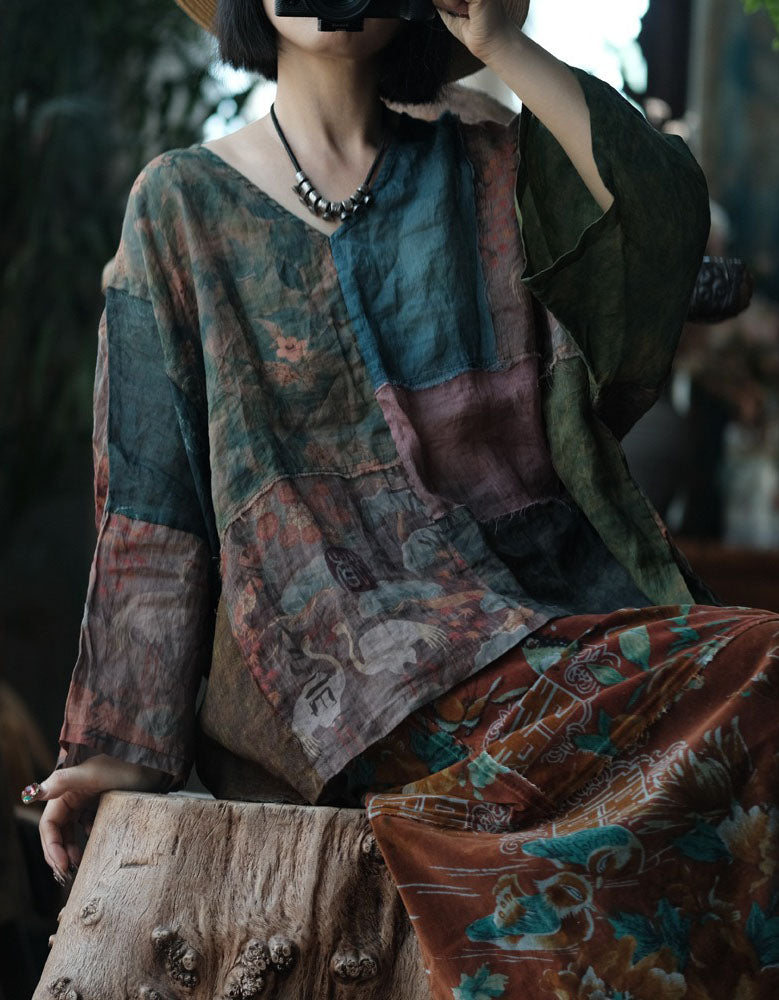 Front view of vintage patchwork linen top women casual outfit
