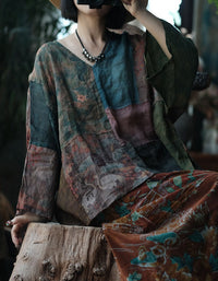 Front view of vintage patchwork linen top women casual outfit