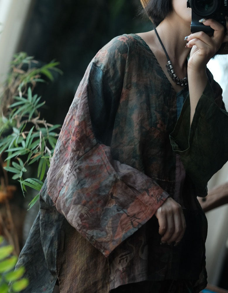Women wearing boho patchwork linen top relaxed fit style
