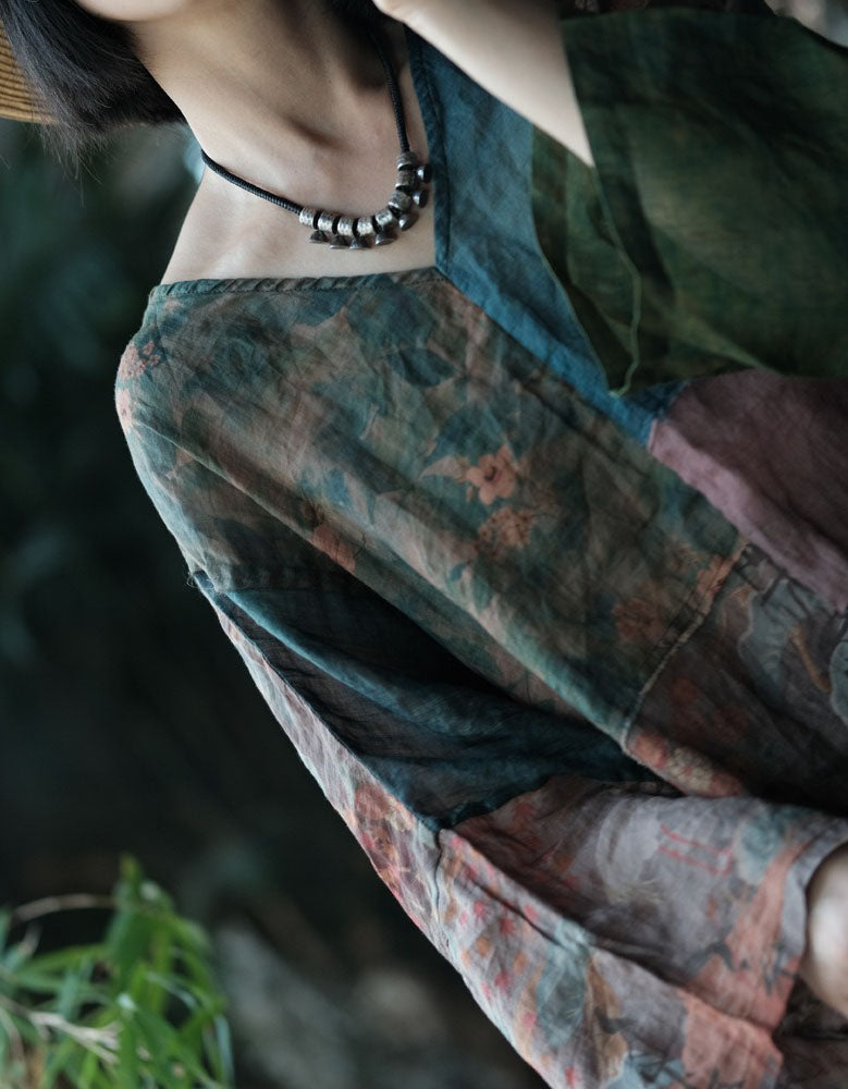 Close-up of artistic linen patchwork blouse women vintage casual wear