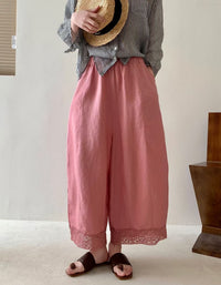 Women’s Casual Linen Wide Leg Pants – Elastic Waist Lace Trim Cropped Trousers
