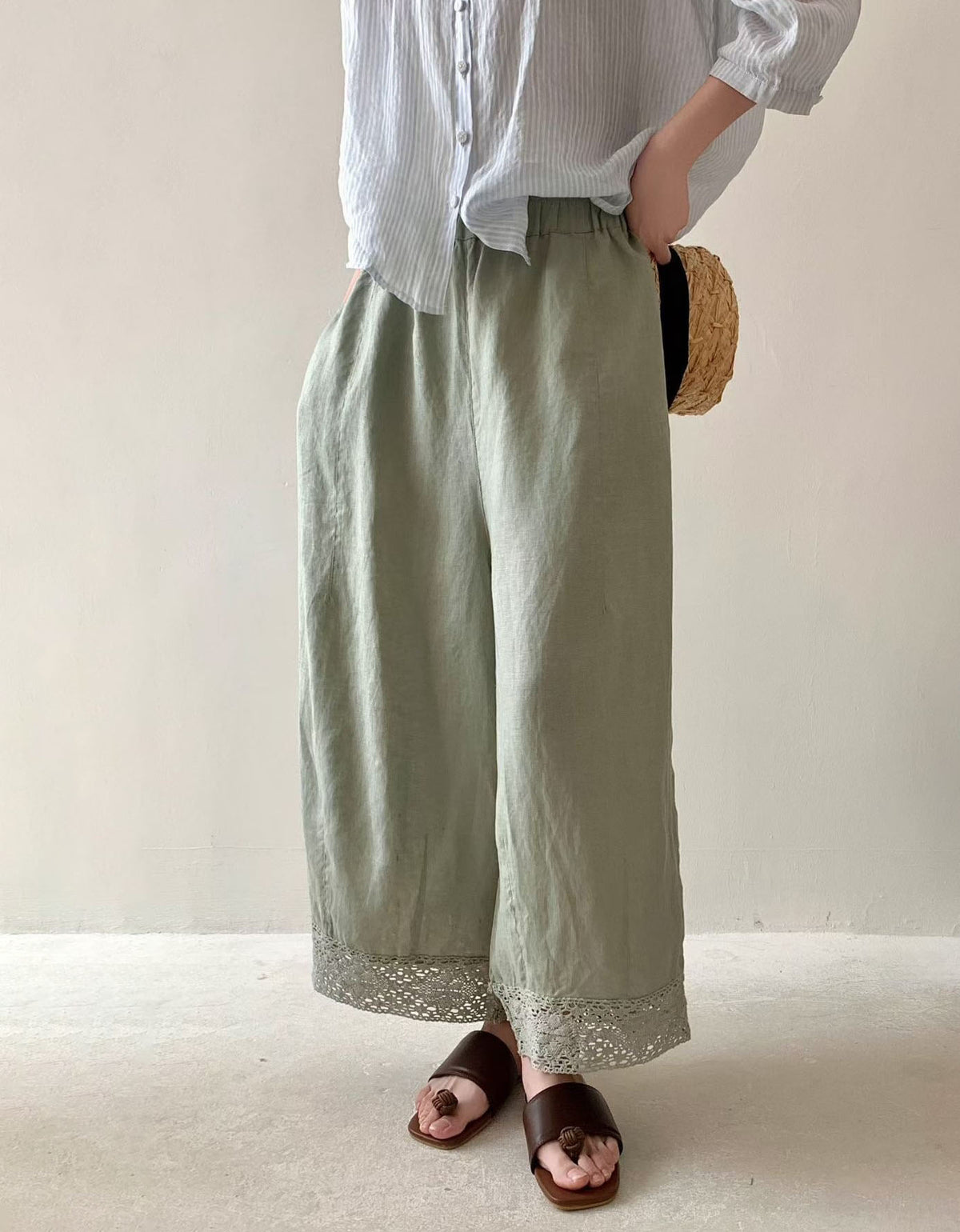 Vintage Green Linen Palazzo Pants for Women – Loose Fit Lace Hem Summer Bottoms