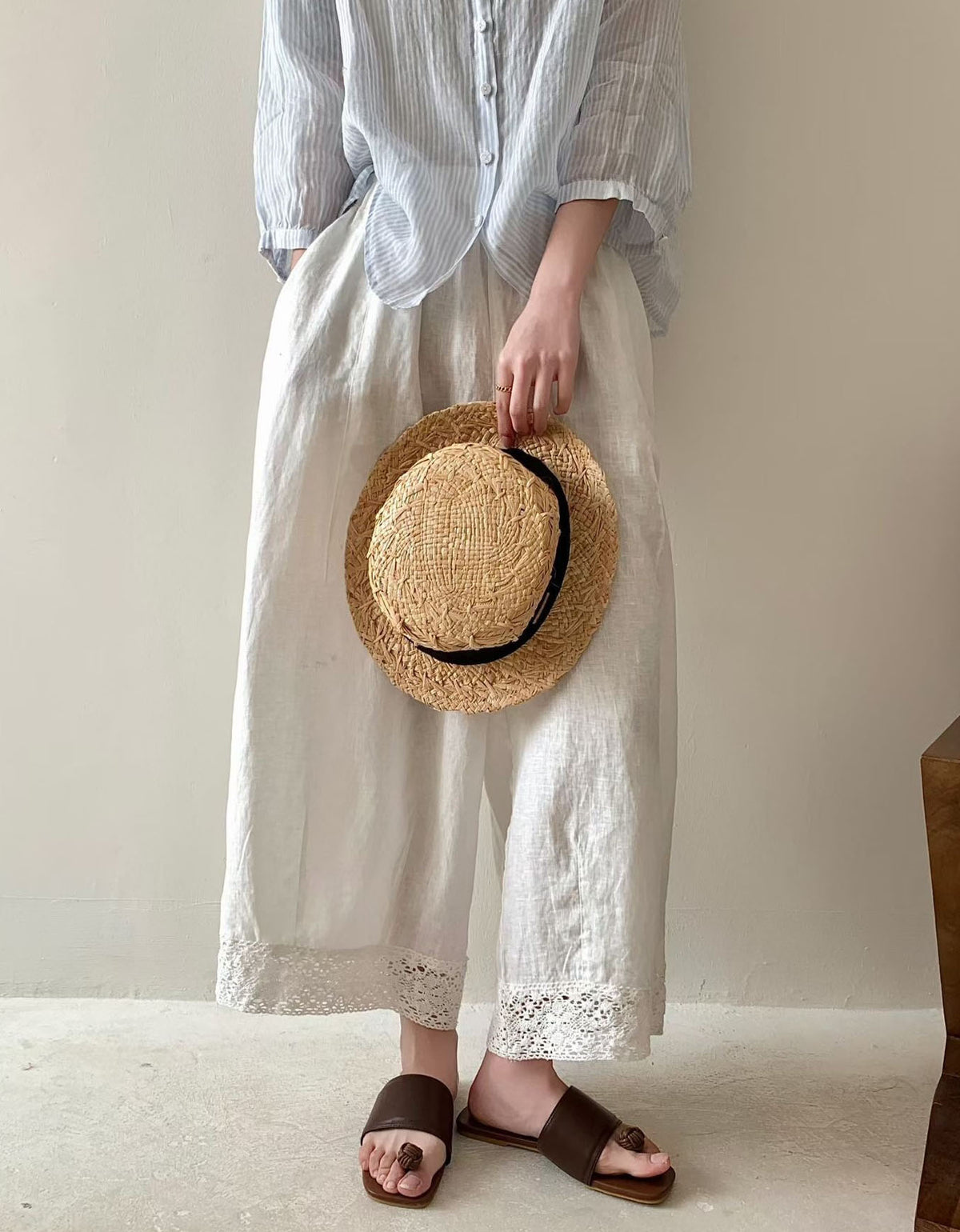 Women’s Boho Linen Blend Pants – Relaxed Wide Leg Trousers with Crochet Lace Detail