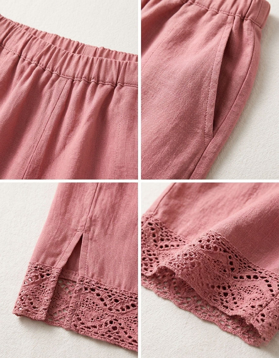 Women’s Cottagecore Pink Linen Trousers – Elastic Waist Casual Wide Leg Pants