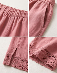 Women’s Cottagecore Pink Linen Trousers – Elastic Waist Casual Wide Leg Pants