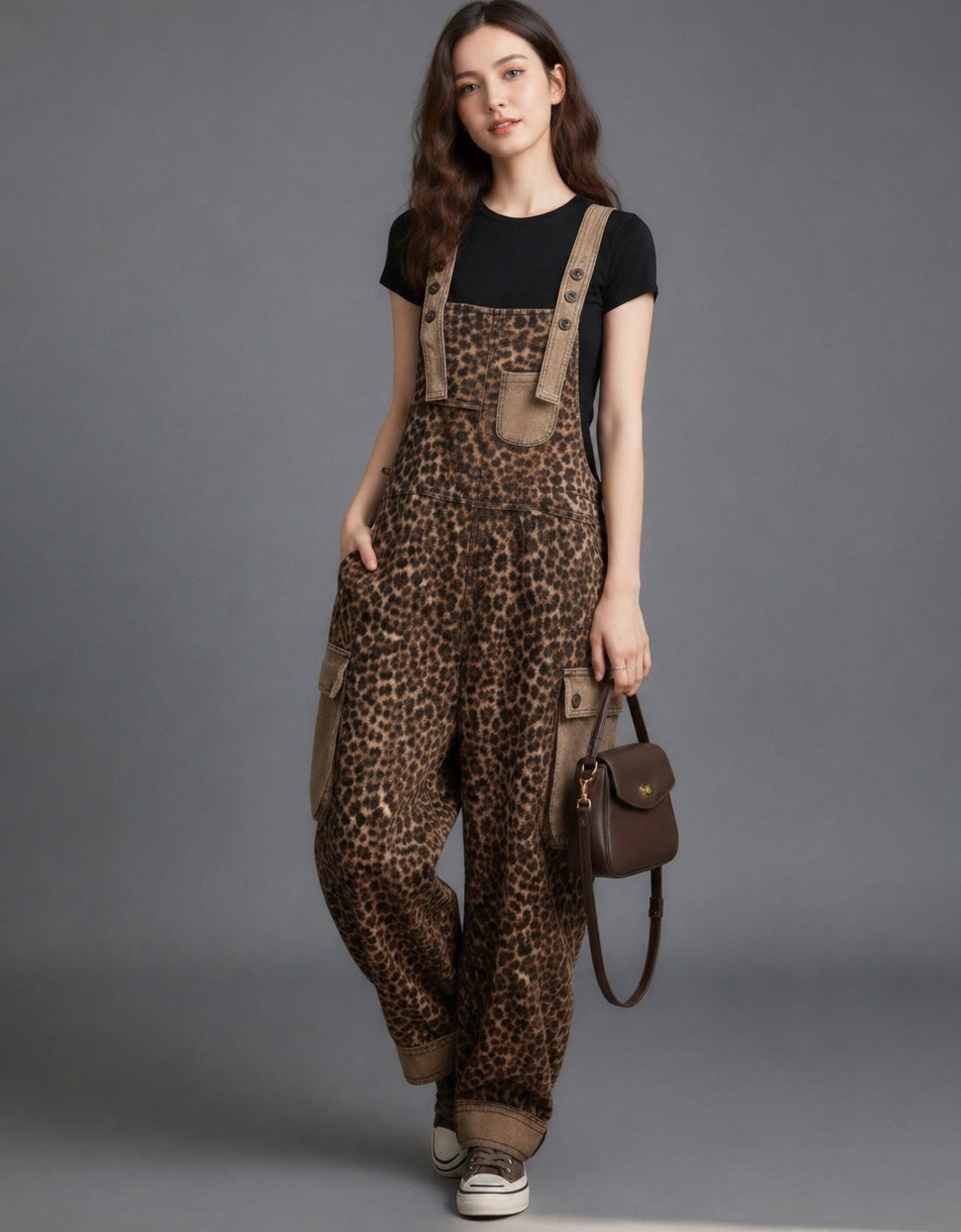 Women’s Leopard Print Denim Overalls Loose Fit with Pockets