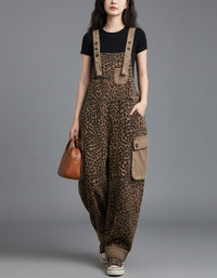 Casual Leopard Print Denim Jumpsuit Women Adjustable Straps