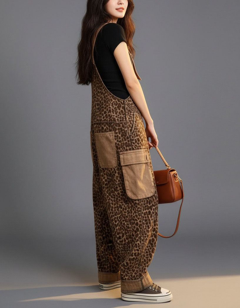 Women’s Leopard Print Denim Overalls with Adjustable Straps