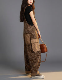 Women’s Leopard Print Denim Overalls with Adjustable Straps