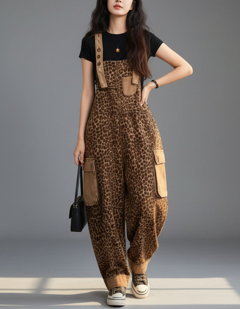 Stylish Leopard Print Denim Overalls Women Relaxed Fit