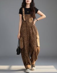 Stylish Leopard Print Denim Overalls Women Relaxed Fit