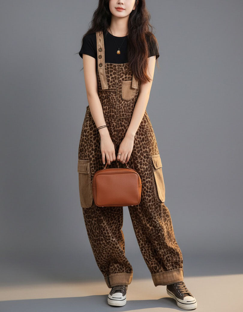 Women’s Leopard Print Denim Jumpsuit Casual Fit with Pockets