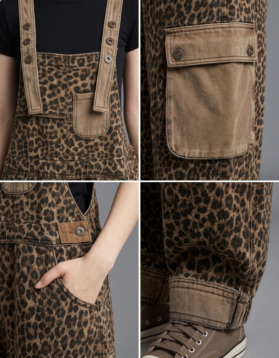 Comfortable Leopard Print Denim Overalls Women Adjustable